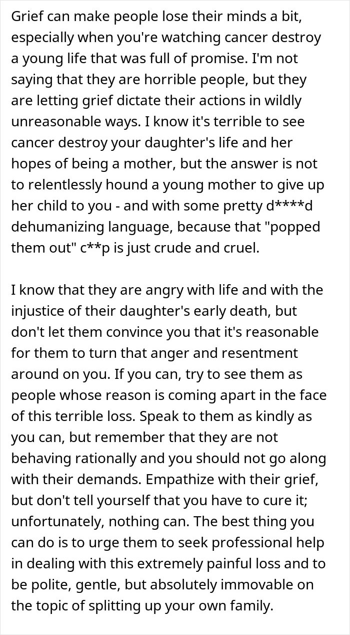 Text discussing grief and unreasonable demands from a cousin with cancer wanting to borrow a baby to experience motherhood. Text discussing grief and unreasonable demands from a cousin with cancer wanting to borrow a baby to experience motherhood.