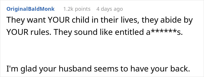 Reddit comment highlighting distrust of in-laws who refuse to prioritize grandchild safety, leading to babysitting ban. Reddit comment highlighting distrust of in-laws who refuse to prioritize grandchild safety, leading to babysitting ban.