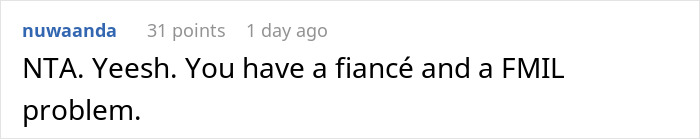 Comment on forum discussing mother dictating wedding attire and groom refusing marriage, highlighting family conflict and relationship tension.