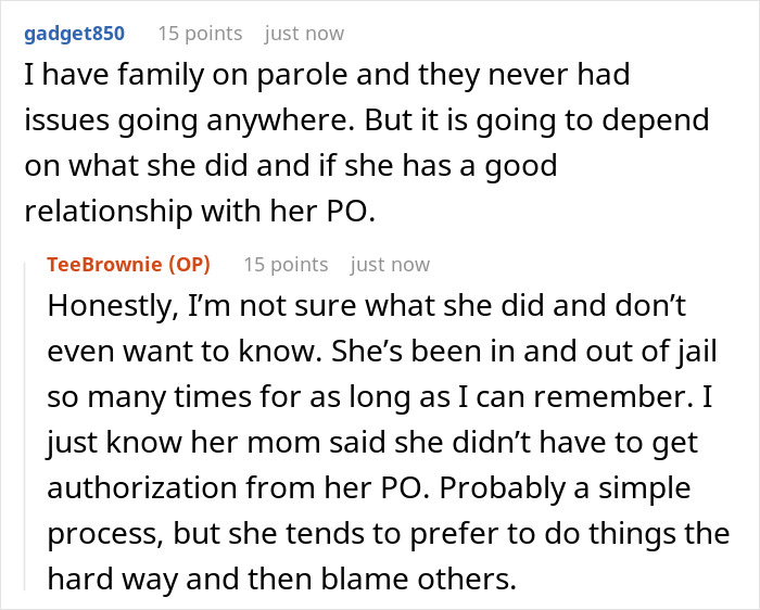 Reddit discussion about family on parole and challenges with parole officer and personal responsibility.