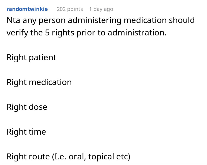 Reddit comment emphasizing verification of the five rights in medication administration by a parent of twins refusing to alter their similarity.