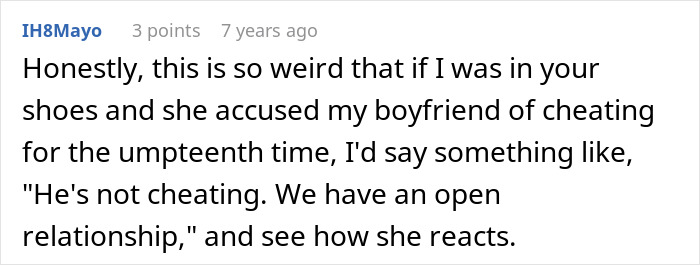 Comment discussing a woman fabricating cheating evidence to convince her friend to dump boyfriend and the plan backfiring.