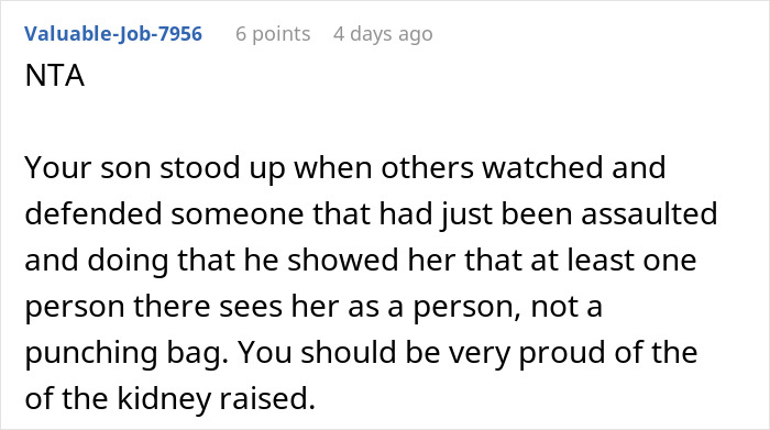 Comment text praising a dad for taking his son out to celebrate after he punched a bully, defending others and showing courage. Comment text praising a dad for taking his son out to celebrate after he punched a bully, defending others and showing courage.