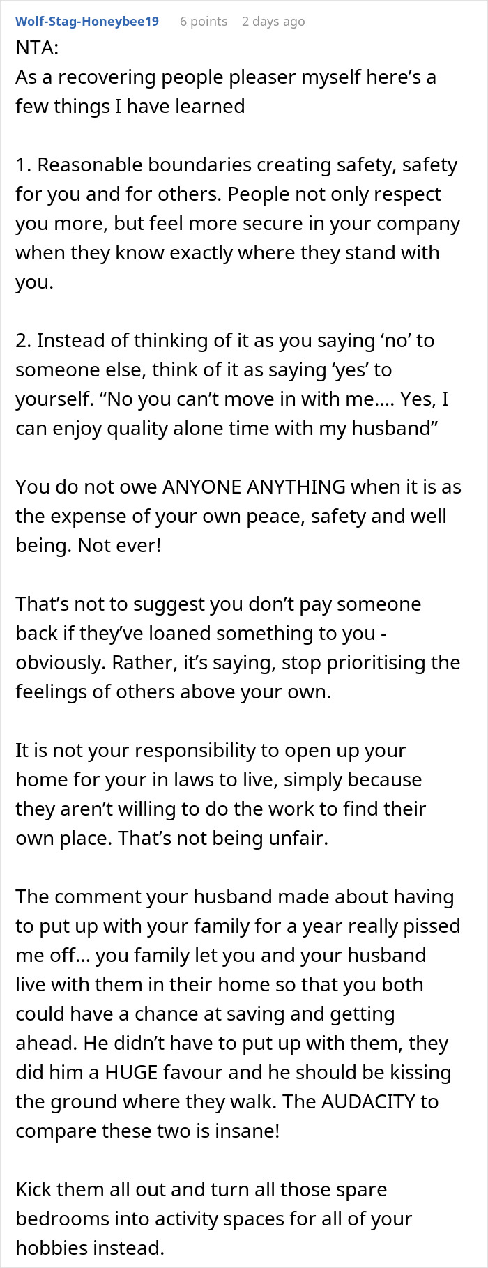 Commenter explaining setting boundaries with husband&rsquo;s relatives living with them to protect peace and safety in the home.