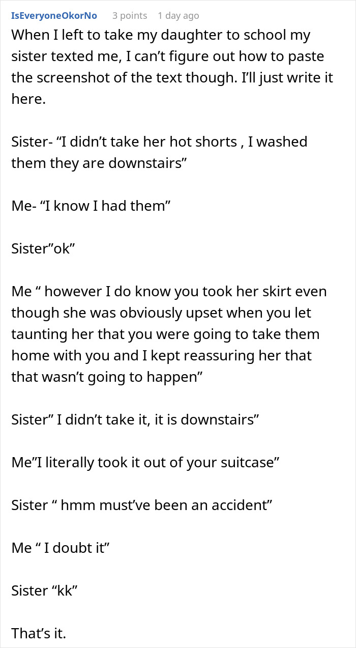 Text conversation showing a woman accused of stealing 5-year-old niece’s skirt and lying when caught red-handed. Text conversation showing a woman accused of stealing 5-year-old niece’s skirt and lying when caught red-handed.