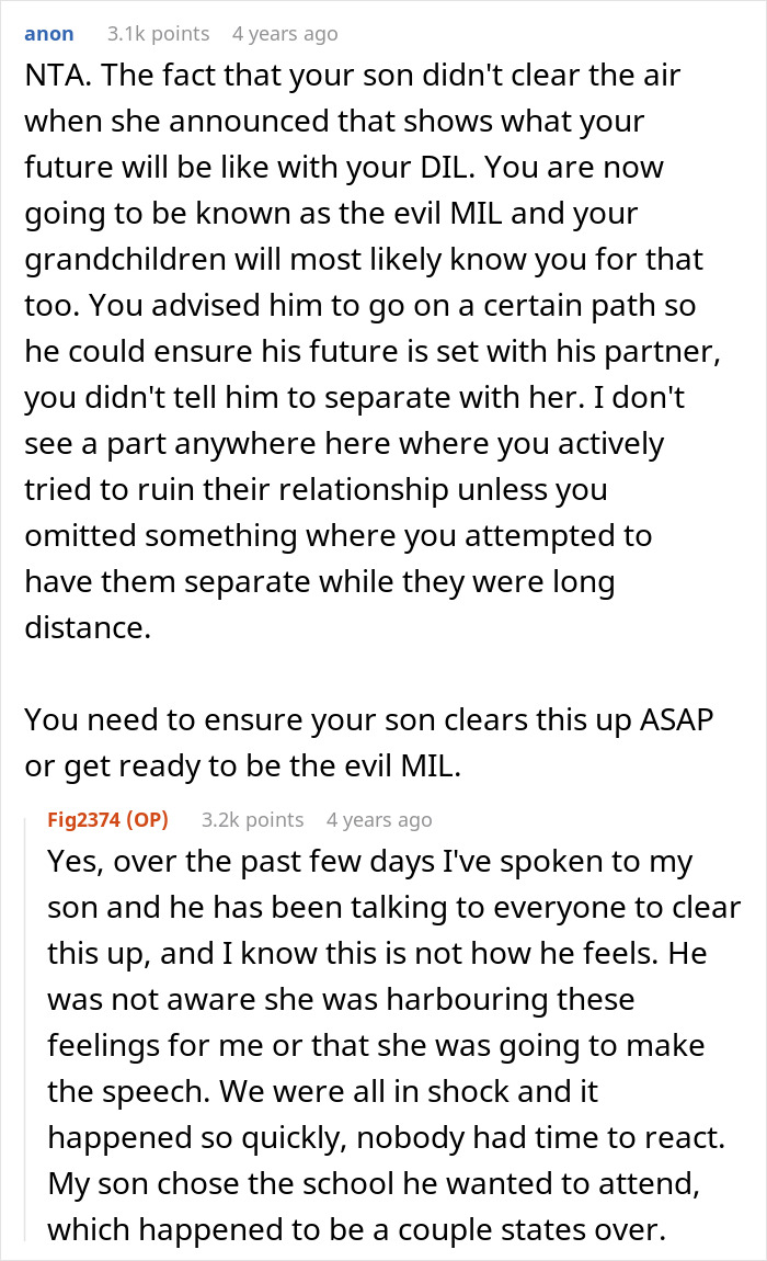 Comments discussing a mom urging son not to marry girlfriend after high school and the resulting grudge from the fianc&eacute;e.