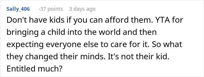 Screenshot of an online forum comment criticizing in-laws who refused to help with childcare and want to move in.