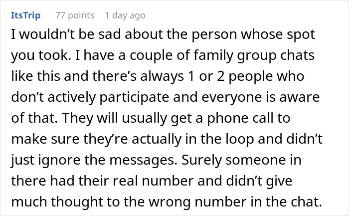 Screenshot of a Reddit comment discussing dynamics in family group chats and emotional investment in conversations.