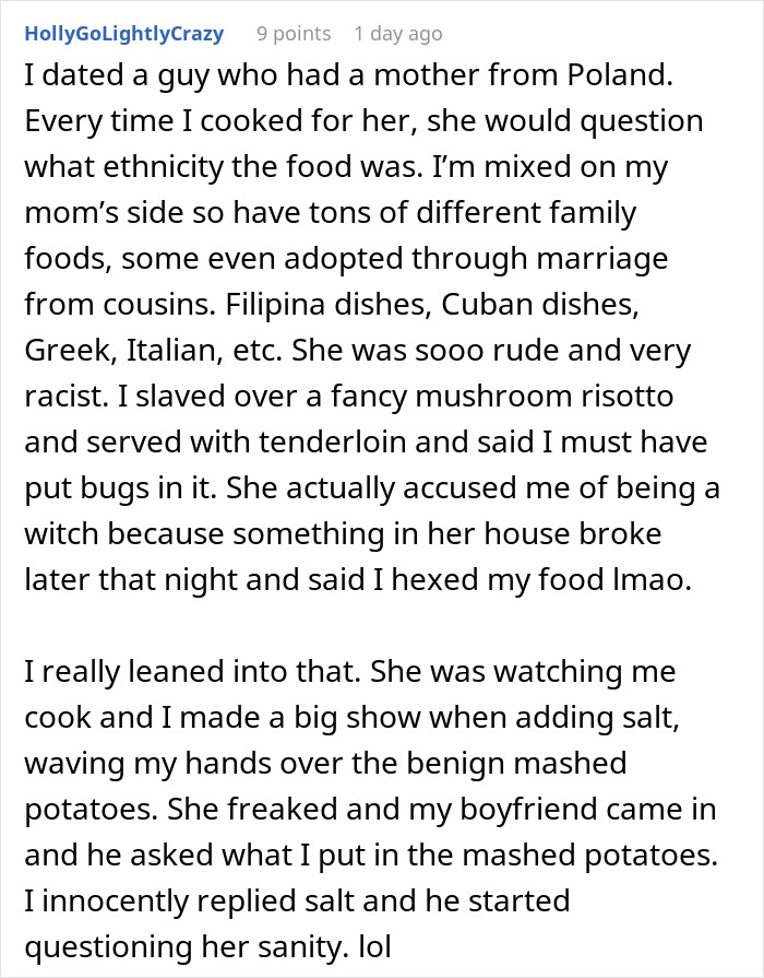 Screenshot of a Reddit comment discussing rude reactions to traditional ethnic food versus American dishes.