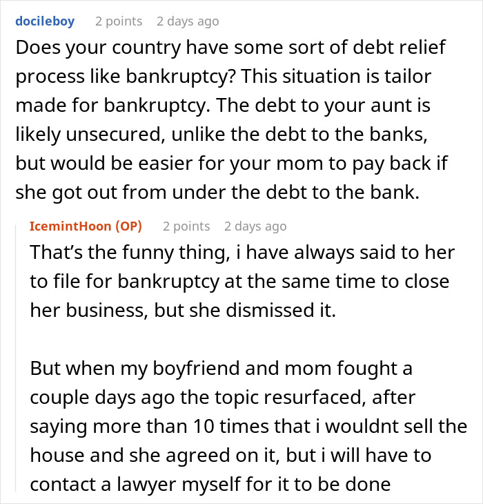 User comments discussing a mom in $37K debt shocked when daughter refuses to sell inherited home to help her.