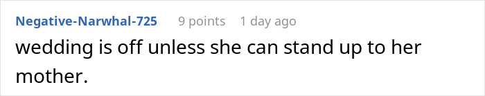 Comment about groom refusing marriage as mother dictates wedding attire in online discussion thread.