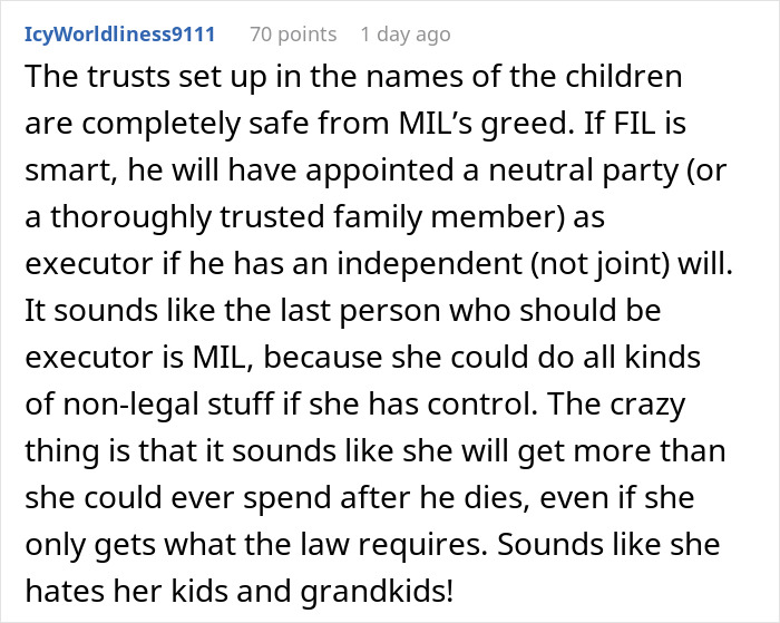 Screenshot of Reddit comment about a greedy mom and inheritance plans, trusts and executor concerns Screenshot of Reddit comment about a greedy mom and inheritance plans, trusts and executor concerns