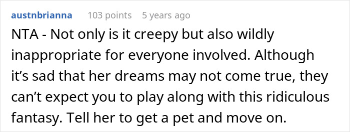 Screenshot of a Reddit comment discussing how lending a baby to a cousin with cancer to experience motherhood feels creepy and inappropriate. Screenshot of a Reddit comment discussing how lending a baby to a cousin with cancer to experience motherhood feels creepy and inappropriate.