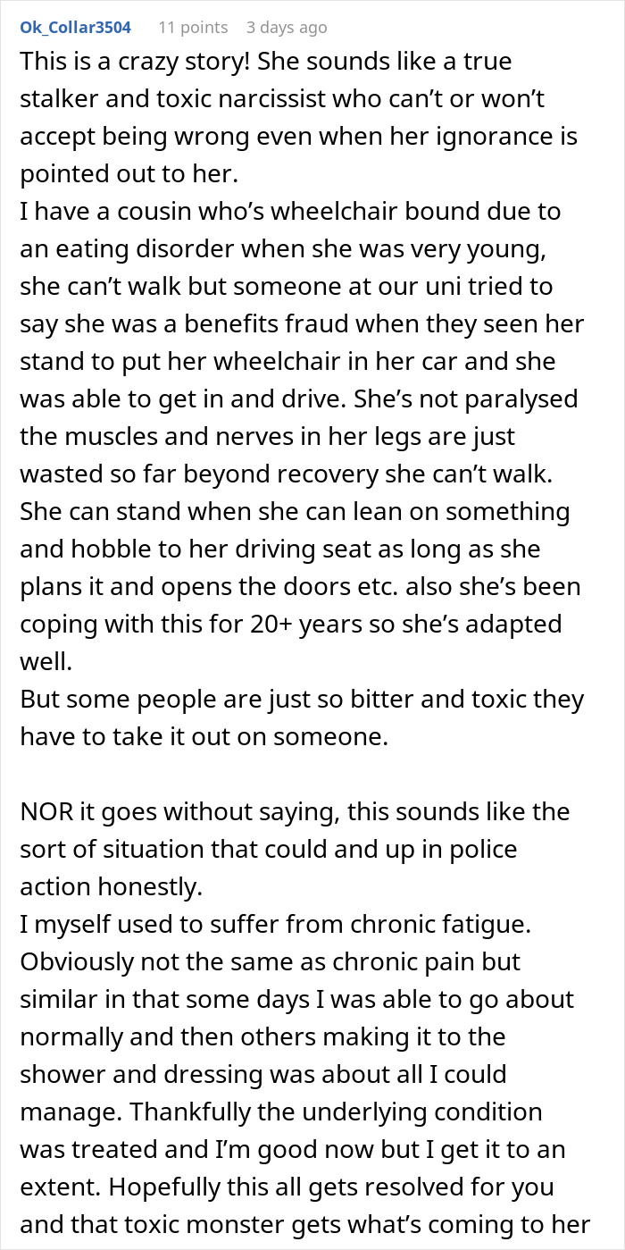 Comment discussing coworker filming after work to prove not disabled, mentioning wheelchair use and chronic fatigue struggles.