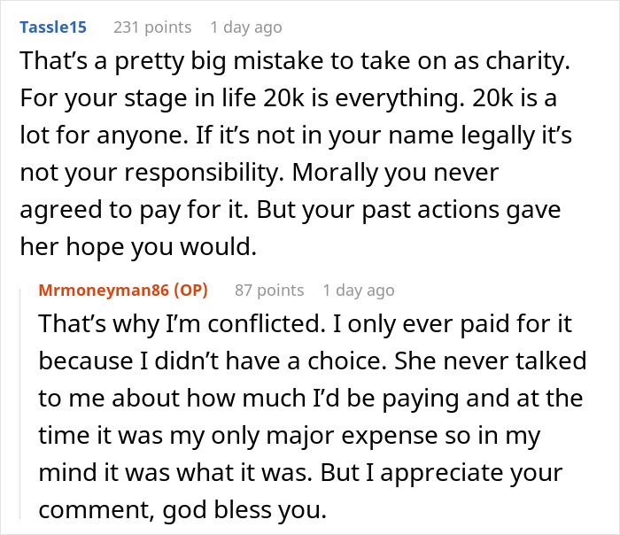 Reddit conversation discussing a teen’s first car debt trap set by mom and paying back a $40k loan. Reddit conversation discussing a teen’s first car debt trap set by mom and paying back a $40k loan.