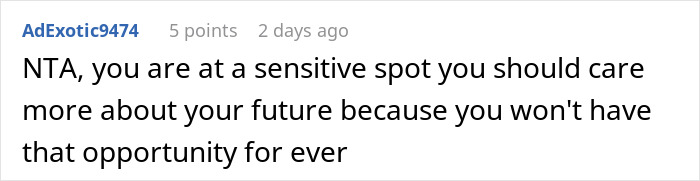 Comment from user AdExotic9474 advising someone at a sensitive spot to focus on their future opportunities.