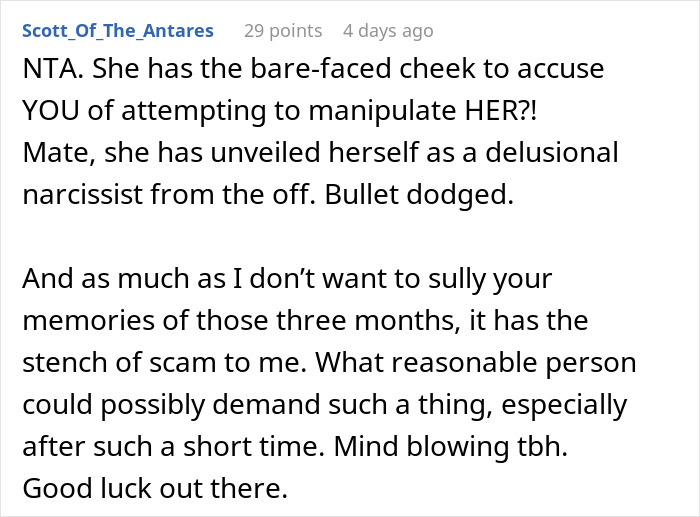 Reddit comment discussing a woman forcing her boyfriend to sign a contract for a share of his income.