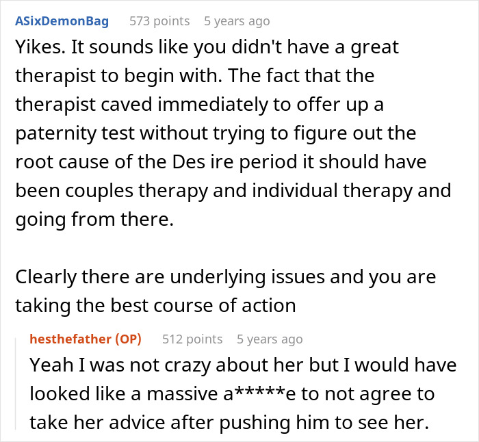 Reddit user discusses paternity test demand for 3-year-old son and suggests therapy as an alternative solution. Reddit user discusses paternity test demand for 3-year-old son and suggests therapy as an alternative solution.