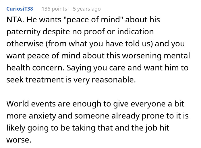 Comment discussing a man demanding paternity test for 3-year-old son and wife suggesting therapy instead. Comment discussing a man demanding paternity test for 3-year-old son and wife suggesting therapy instead.