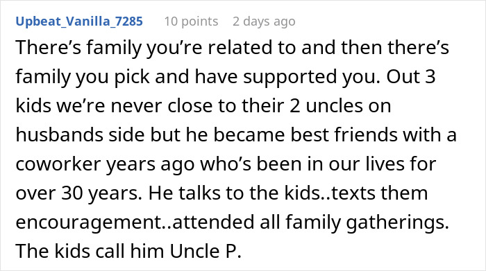 Comment about chosen family support, mentioning kids and relationship with uncle figure in mil-refuse-baby-name context.
