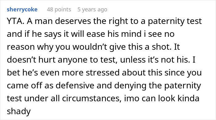 Screenshot of a forum comment discussing a man's demand for a paternity test and his wife's suggestion of therapy.