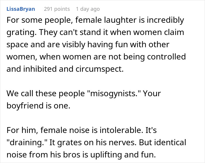 Screenshot of Reddit comment about a misogynist boyfriend ban friends and policing women's laughter Screenshot of Reddit comment about a misogynist boyfriend ban friends and policing women's laughter