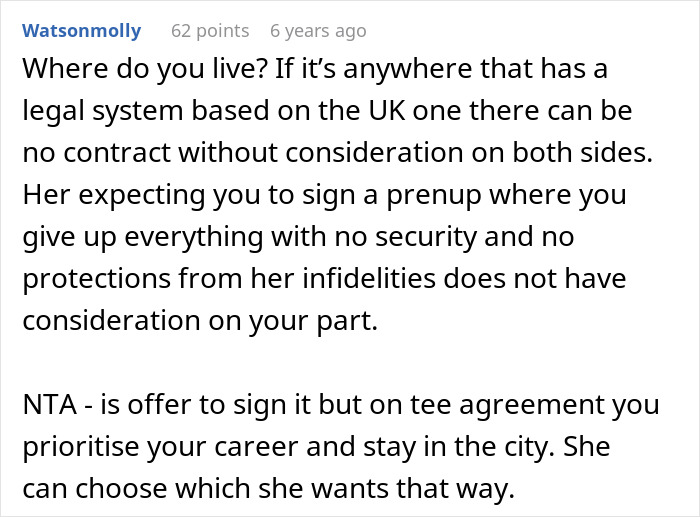 Comment discussing prenup issues where wealthy girlfriend expects signing but denies infidelity clause, leading to engagement cancellation.