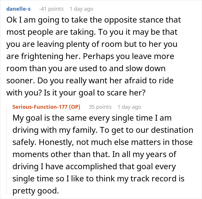 Reddit conversation discussing anxiety meltdown risks and a husband banning wife from the front seat for safety reasons.