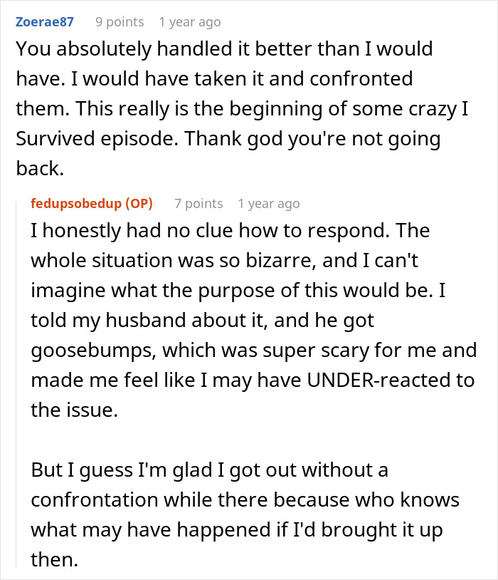 Comments discussing a woman sharing a crazy story about her hair stylist involving a weird hair shrine discovery.