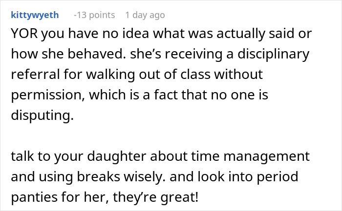 Screenshot of a comment discussing a mom’s struggle with a teacher ignoring her daughter’s emergency in a school setting. Screenshot of a comment discussing a mom’s struggle with a teacher ignoring her daughter’s emergency in a school setting.