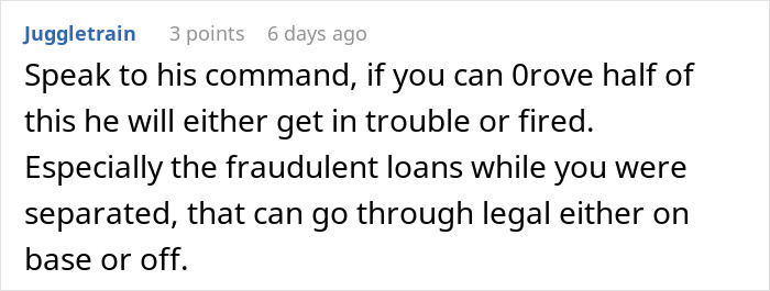 Screenshot of an online comment discussing financial problems and legal troubles related to a husband blaming a SAHM wife.