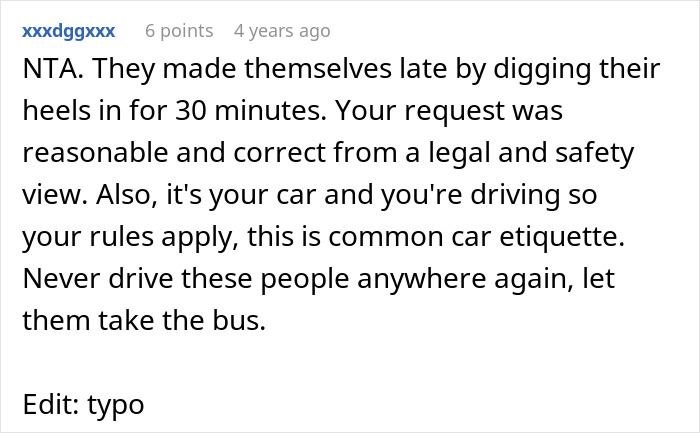 Reddit comment discussing woman who refuses to drive until all friends buckle seat belts, causing road trip conflict.