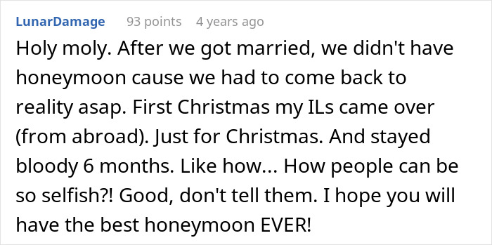 Text post discussing the surprise and challenges when husband&rsquo;s parents came during honeymoon period.