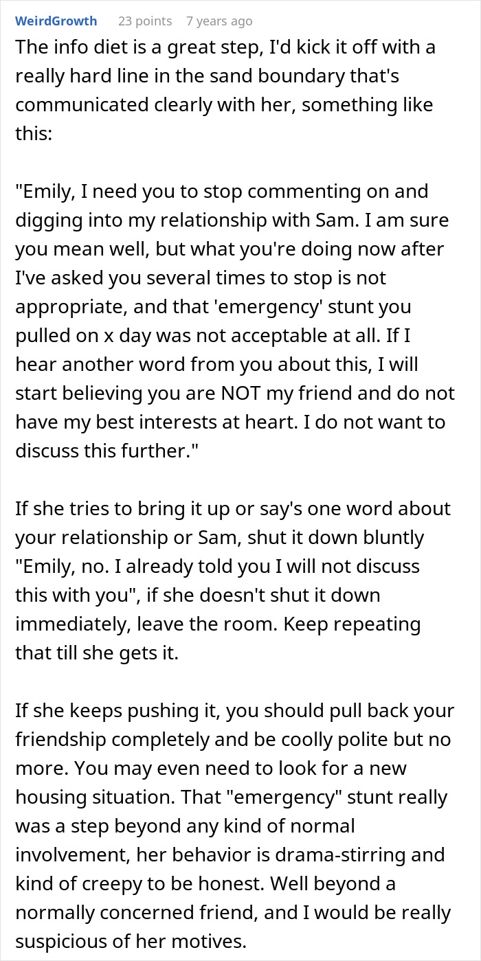Screenshot of a Reddit comment discussing relationship boundaries and fabricating evidence of cheating to convince a friend.