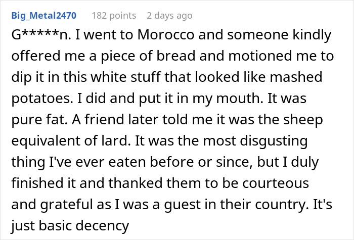 Commenter describes reacting to traditional gross food in Morocco instead of familiar American dishes.