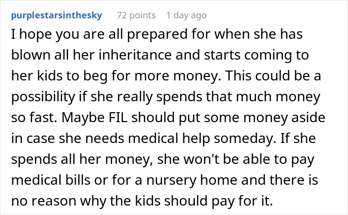 Reddit comment screenshot about a greedy mom and inheritance, warning she'll blow money and need care Reddit comment screenshot about a greedy mom and inheritance, warning she'll blow money and need care