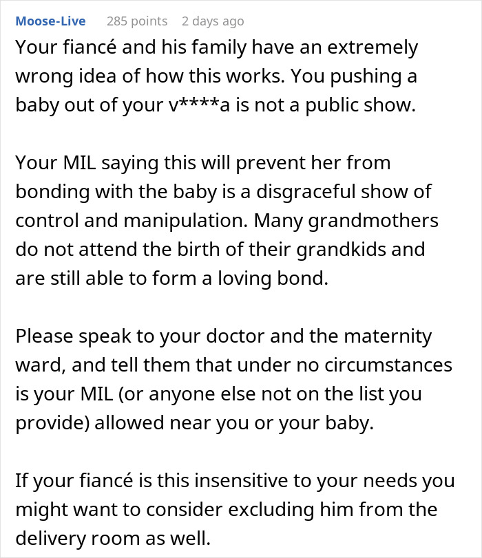 Comment discussing a pregnant woman not wanting fianc&eacute;&rsquo;s mom in delivery room and the request to compromise.