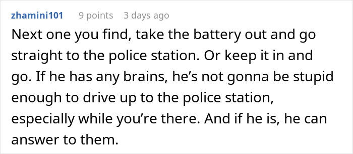 Comment discussing advice on handling an AirTag found while addressing concerns about tracking a car for safety.
