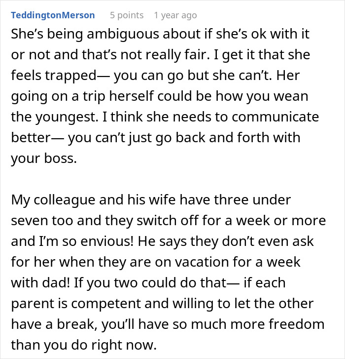 Wife managing solo parenting with 3 kids while dad leaves for work, treating the time like a solo vacation.