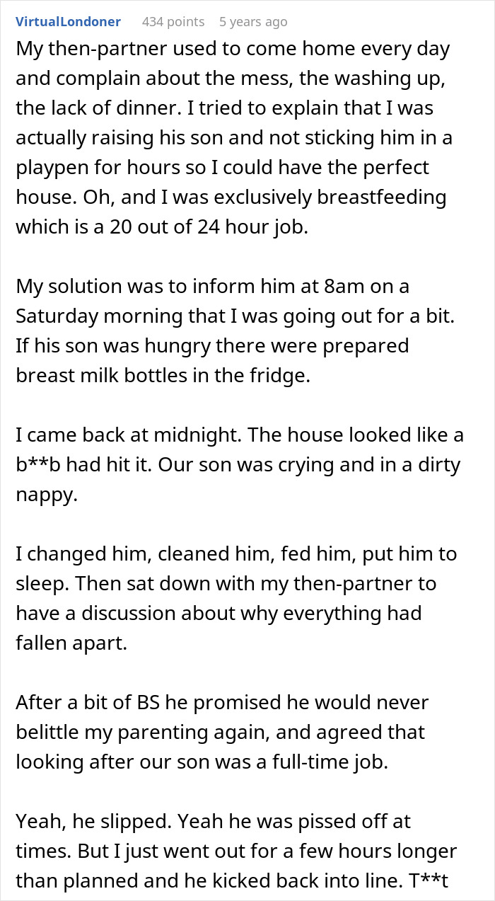 Text post about man insisting his wife does nothing at home while she cares for their child and stops cleaning his mess.