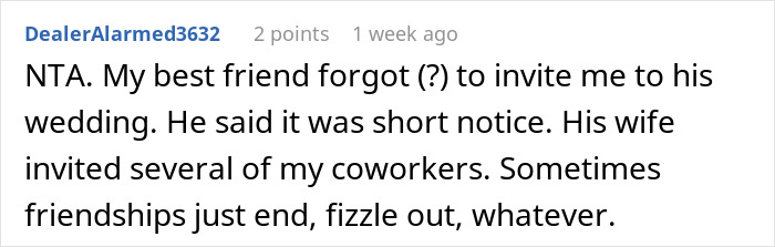Screenshot of a Reddit comment discussing a woman banning her best friend&rsquo;s baby and husband from her engagement party.