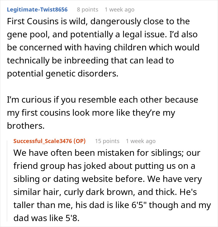 Online discussion about woman discovering engagement to her first cousin and concerns over family genetics and resemblance. Online discussion about woman discovering engagement to her first cousin and concerns over family genetics and resemblance.