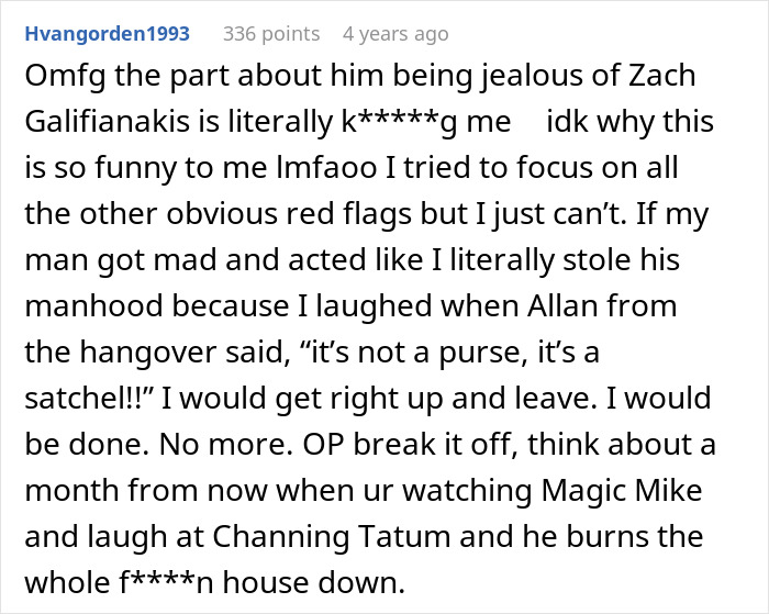 Comment discussing boyfriend fears and red flags involving jealousy and relationship behavior in a humorous tone