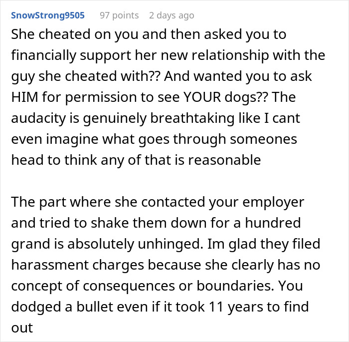 Comment discussing an unemployed woman cheating on boyfriend with jobless man and asking her ex for financial support.