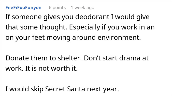 Comment discussing deodorant gift at work, reflecting on daycare worker coworker passive-aggressive gift situation. Comment discussing deodorant gift at work, reflecting on daycare worker coworker passive-aggressive gift situation.