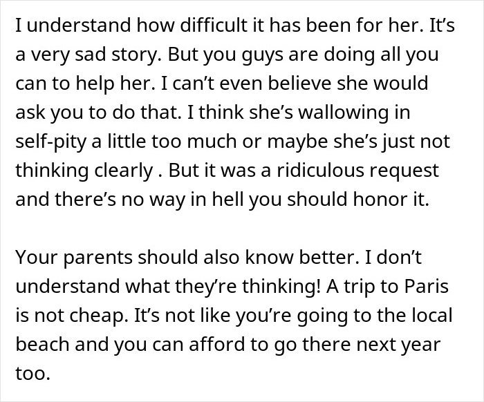 Text excerpt discussing a woman's unreasonable demand in a romantic getaway conflict involving her friend and husband. Text excerpt discussing a woman's unreasonable demand in a romantic getaway conflict involving her friend and husband.