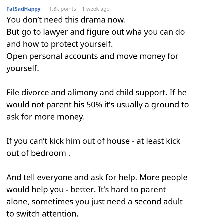 Comment advising a pregnant wife on divorce, child support, and co-parenting with a bipolar husband and young lover. Comment advising a pregnant wife on divorce, child support, and co-parenting with a bipolar husband and young lover.