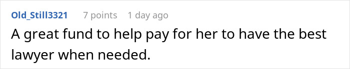 Comment text on a white background saying a fund is created to pay for the best lawyer when needed for worried sister.