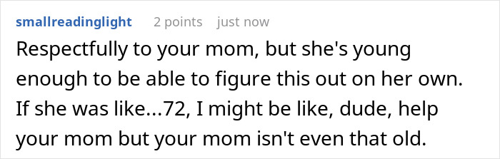 Screenshot of a Reddit comment discussing an adult son saying no to his religious mom moving in and her using guilt trips.