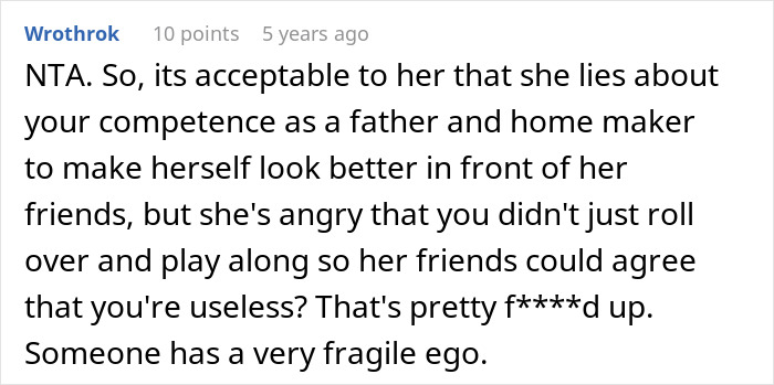 Screenshot of Reddit comment about fragile ego after guy embarrasses wife by not going along with her lie Screenshot of Reddit comment about fragile ego after guy embarrasses wife by not going along with her lie